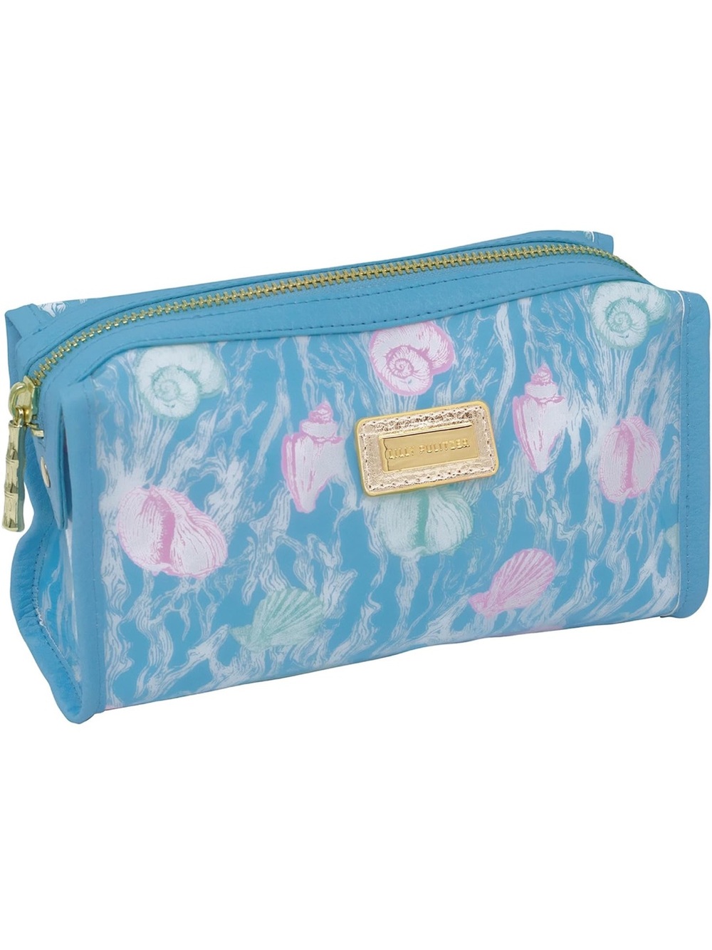 New Lilly Pulitzer Blue Seashell Sheldon Print Pouch with Gold Plaque
